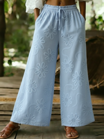 Cozy Romantic Floral Embroidery Cotton Wide-leg Pants
