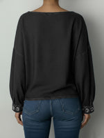 Women's Round Neck Metal Eyelet Cutout Design Casual Loose Long-sleeved Denim Top.