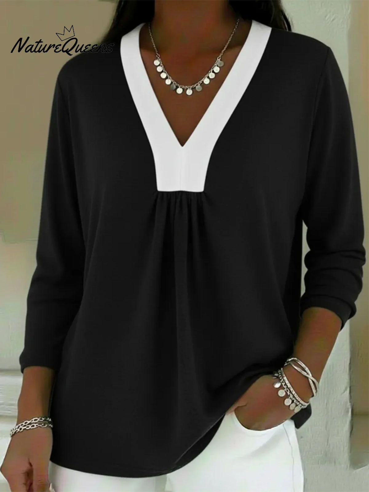 Casual Color-block V-neck Cotton Shirt Top