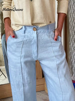 Classic Wooden Button Solid Color Linen Trousers
