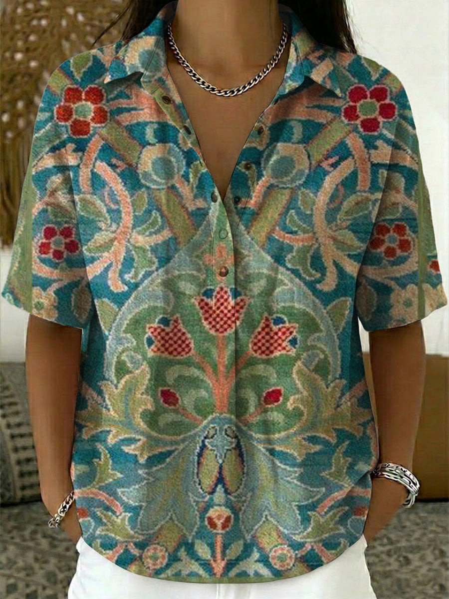 Women’s Flower Print Cotton Linen Polo Shirt