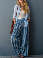 Women's Striped Print Cotton-linen Set: Casual Loose Long-sleeve Cardigan With Lapels & High-waisted Wide-leg Pants