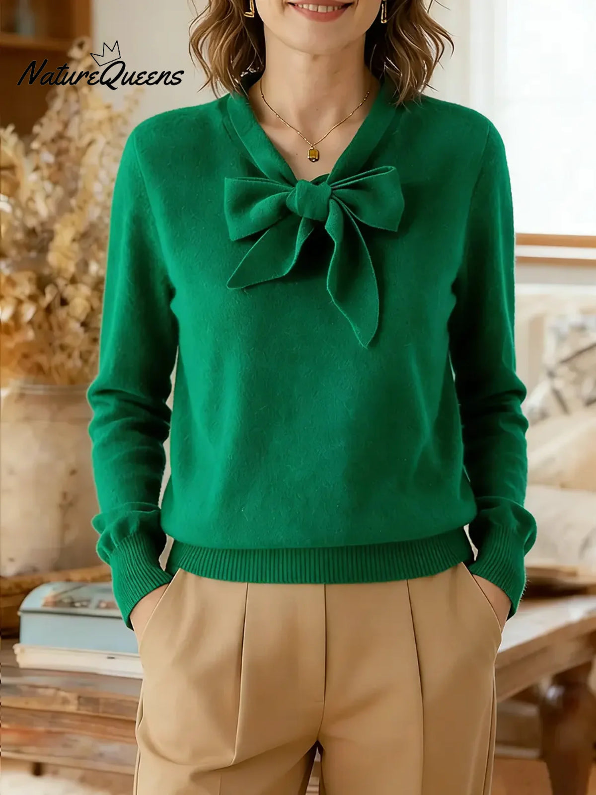 Women's Solid Color V-neck Bow Tie Long Sleeve Casual Loose Knit Sweater