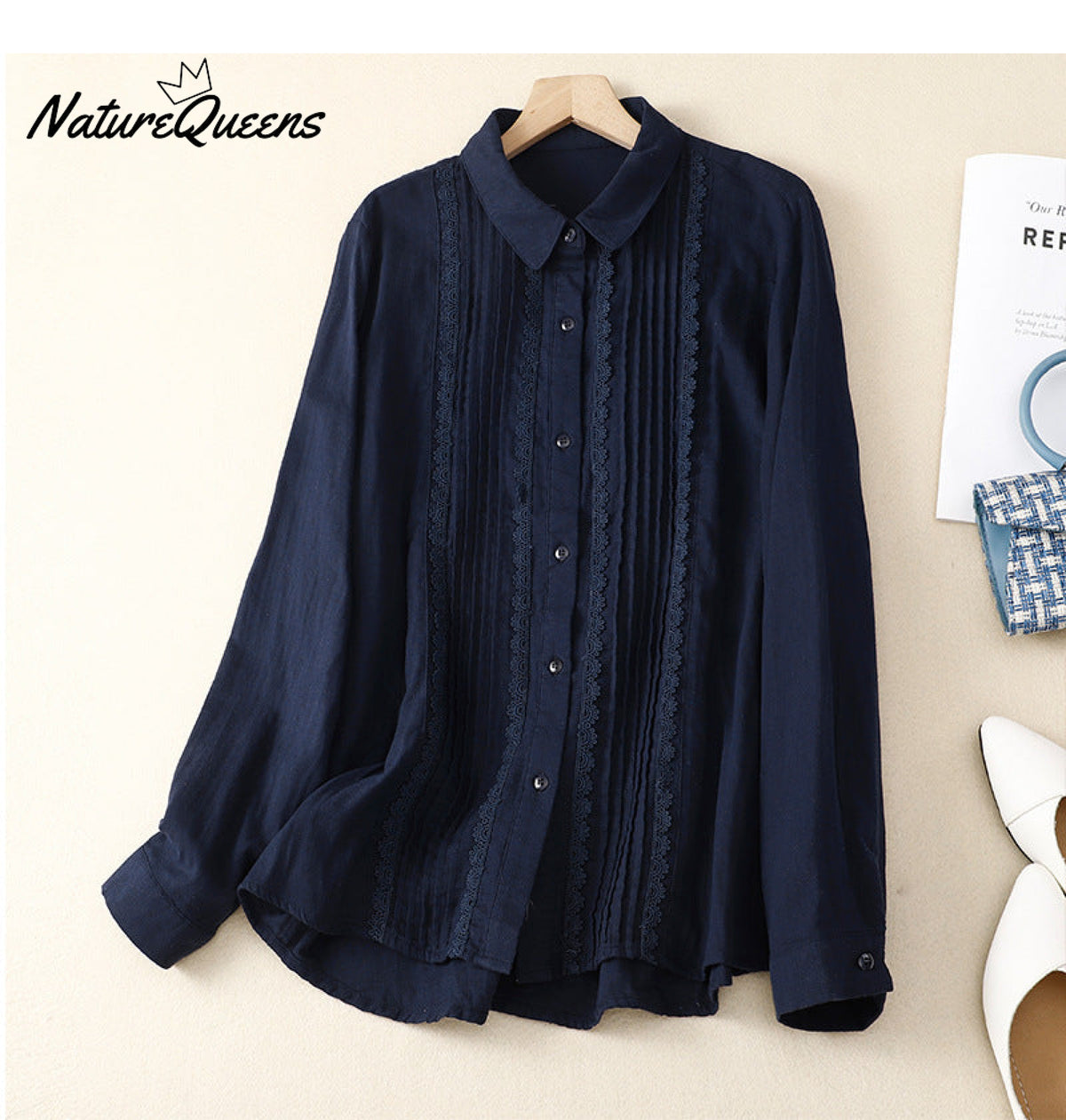 Women's Patchwork Lace Trim Linen And Cotton Pleated Shirt