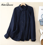 Women's Patchwork Lace Trim Linen And Cotton Pleated Shirt