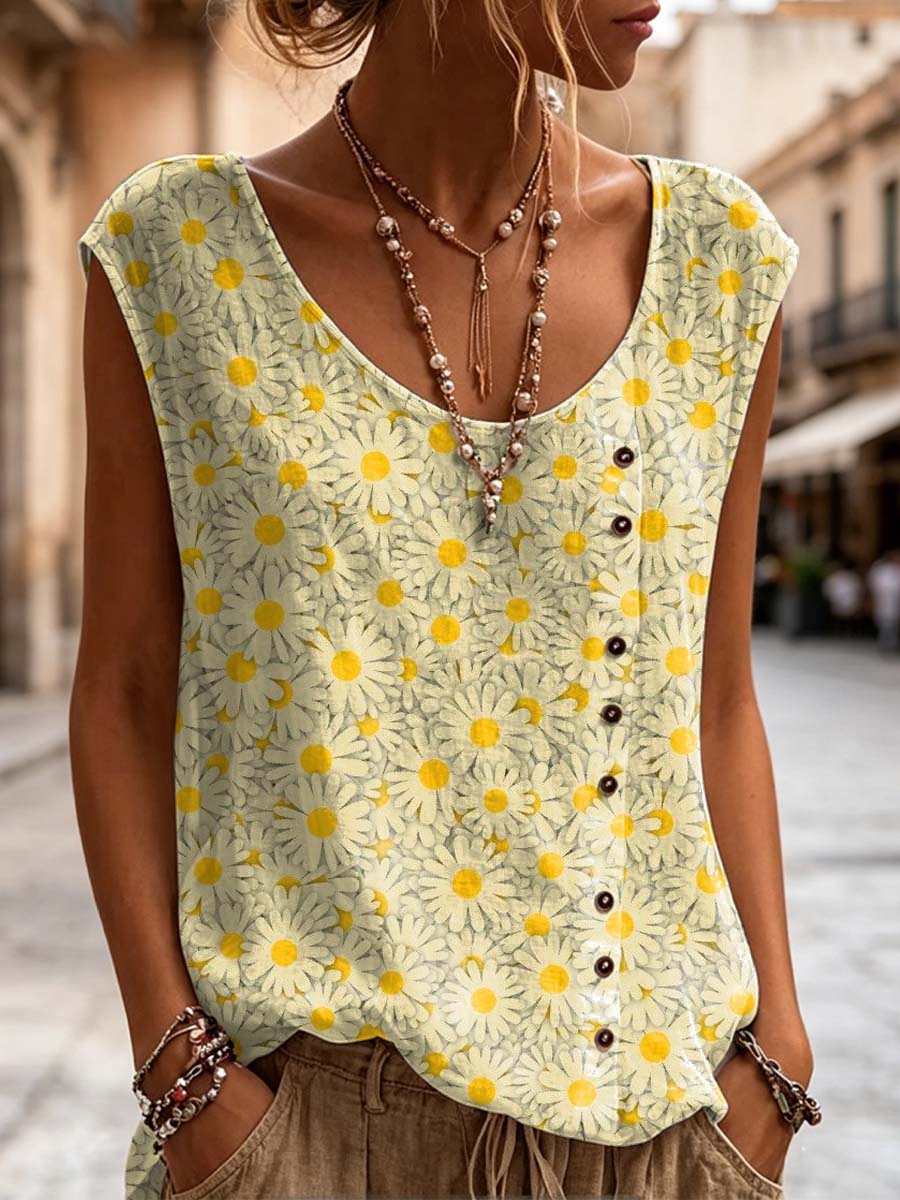 Women's Floral Pattern Art Print Casual Sleeveless Cotton Shirt