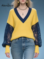 Women's Color-block Lace-paneled V-neck Long-sleeved Casual Loose-fitting Knitted Sweater