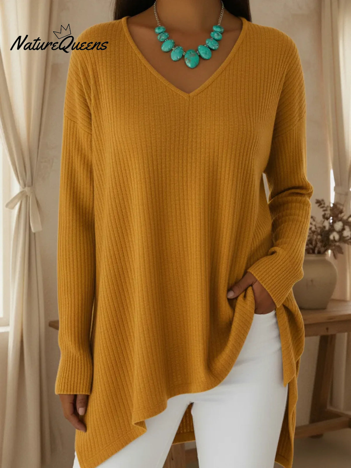Basic Casual V-neck Irregular Hem Sweater