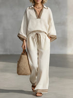 Casual Patchwork Striped Linen And Cotton Shirt And Pants Two-piece Set