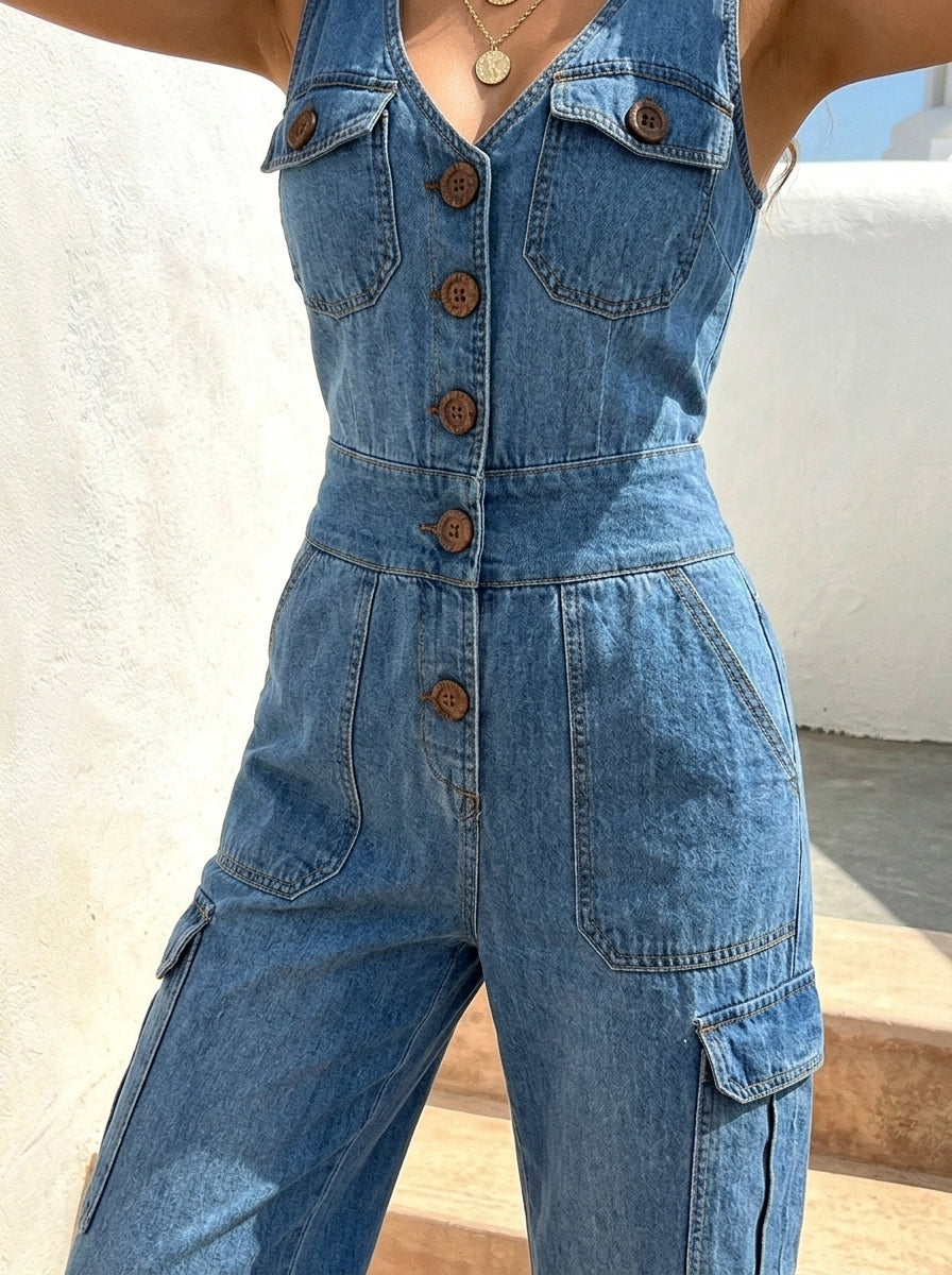 Women’s Solid-color Vest V-neck And Pockets Casual One Piece Denim Jumpsuit
