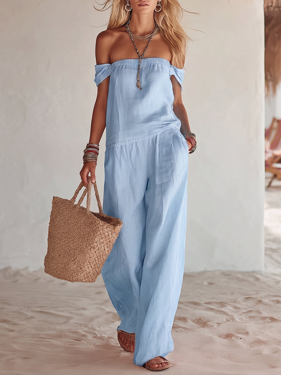 Vacation Leisure Off-shoulder Cotton-linen Jumpsuit