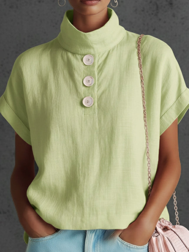 Elegant Cozy Stand-collar Button-down Linen Blouse