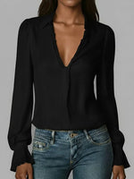 Women's Solid Color V-neck Long-sleeved Casual Loose Cotton Top