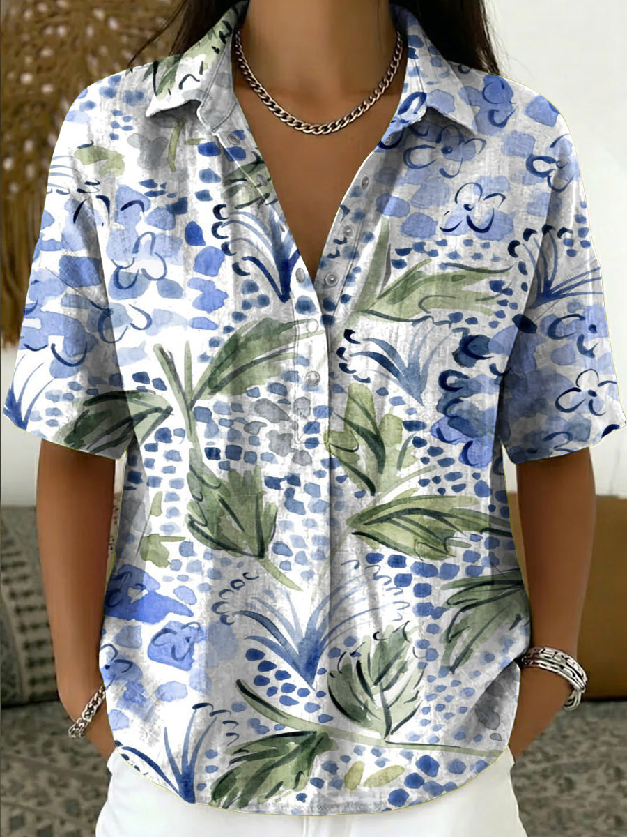 Women's Watercolor Floral Print Cotton Shirt — Loose-fit, Casual Short-sleeve Top With Lapel Collar