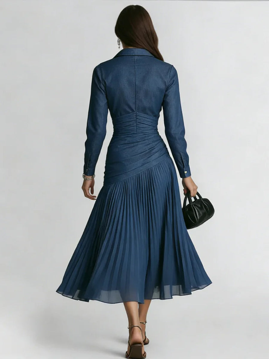 Elegant Patchwork Pleated Chiffon Denim Dress