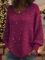 Christmas Sparkling Cozy V-neck Lantern Sleeve Knit Sweater