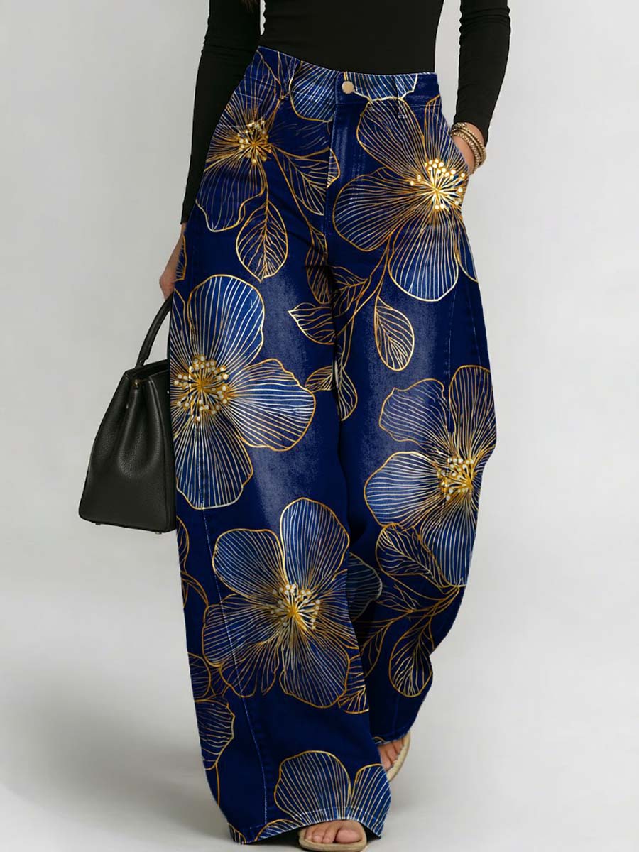 Women's Floral Pattern Art Print Casual Stylish Denim Pants