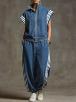 Women's Stand-collar Short-sleeved Casual Loose Denim Top And High-waisted Wide-leg Jeans Set.