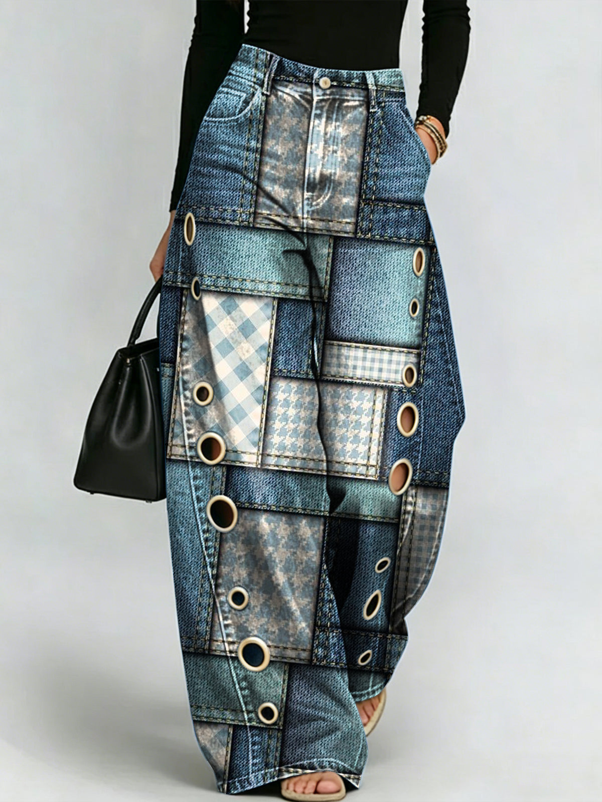 Color-block Patchwork Plaid & Denim Print Wide-leg Jeans With Metal Rings And Curved Seams