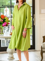 Women's Solid Color V-neck Three-quarter Sleeve Casual Loose Cotton And Linen Dress