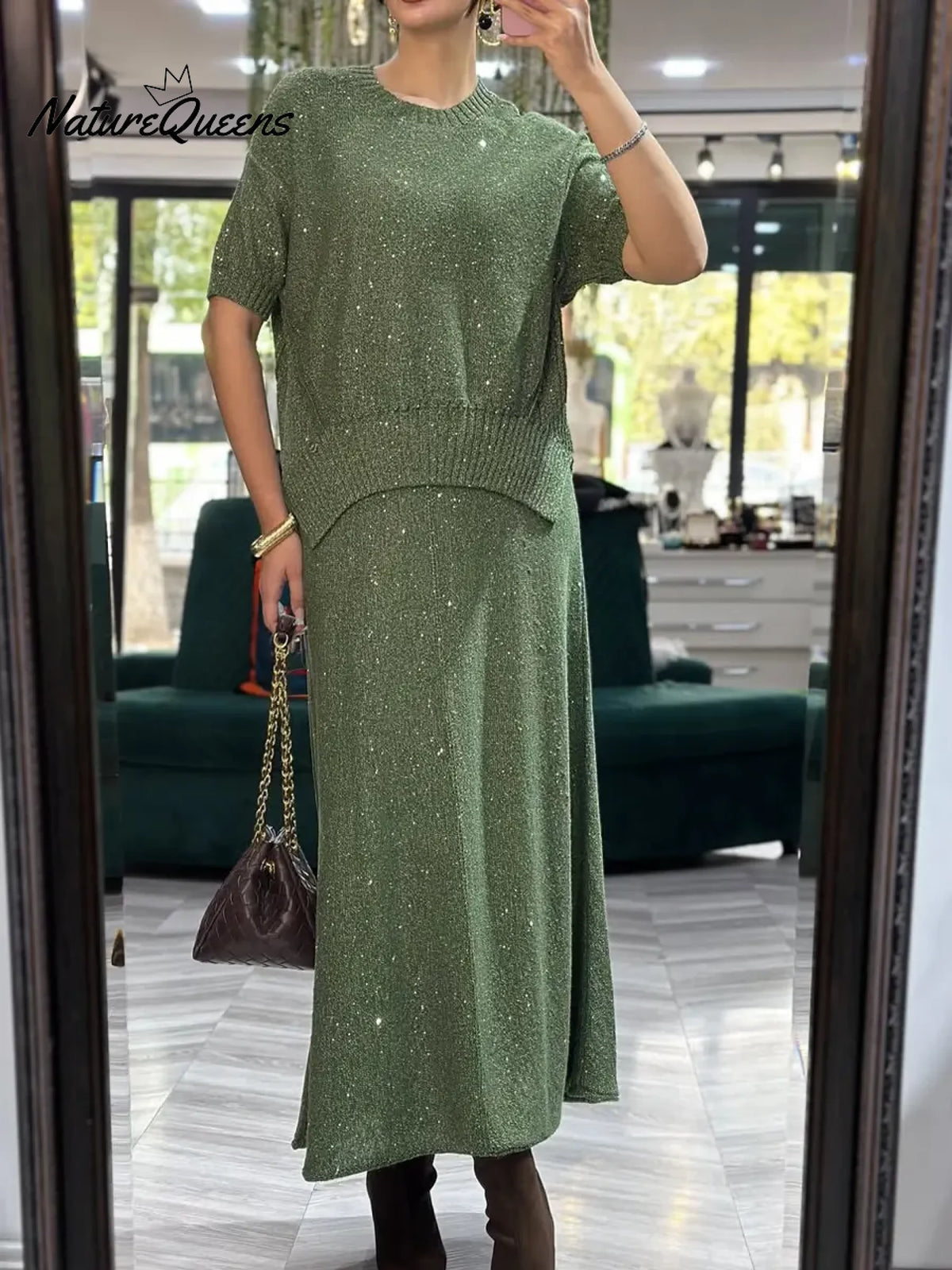 Women's Shiny Knit Top And Skirt Two-piece Set