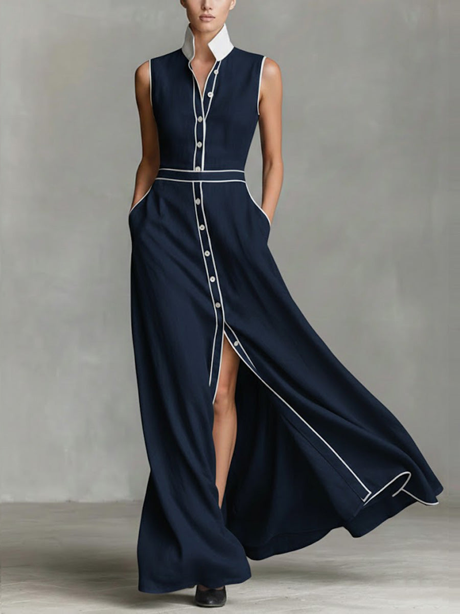 Women's Collared Sleeveless Casual Loose Long Cotton Linen Dress
