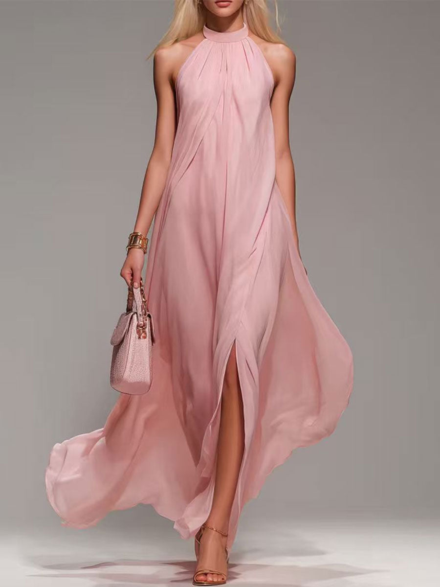 Women's Pink Halter-neck Backless Maxi Dress