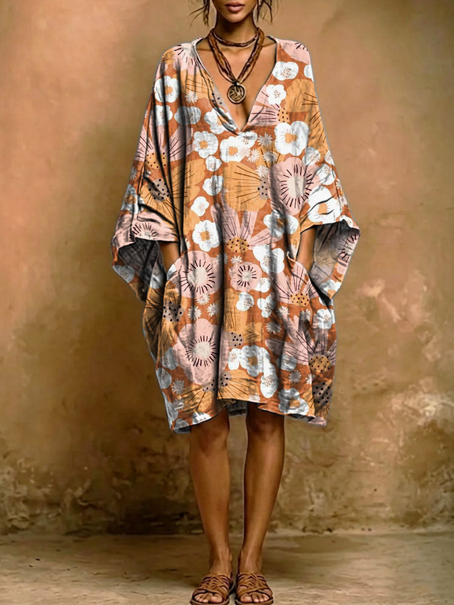 Women's Vintage Floral Print Short-sleeve Cotton-linen Dress