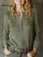 Women's Floral Print Waffle-knit Cotton Henley Top