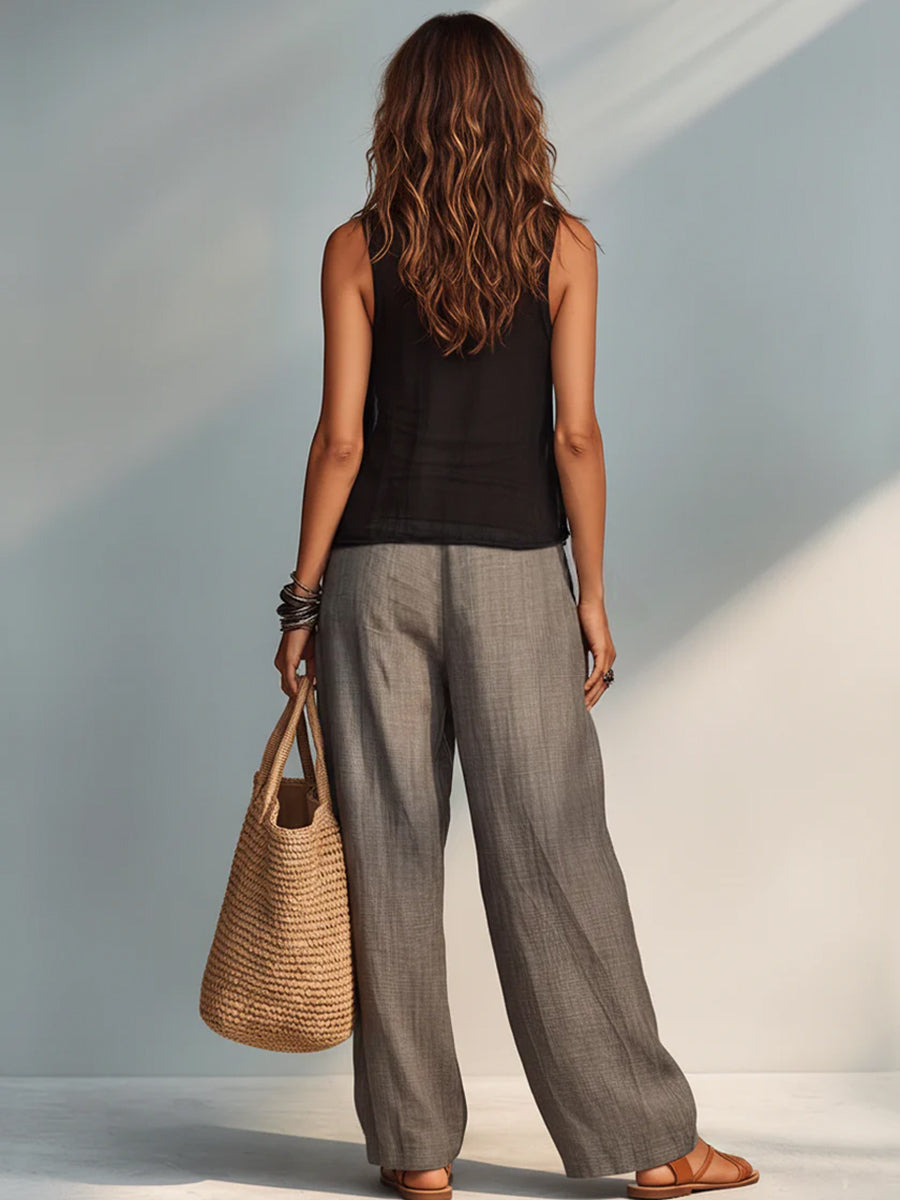 Cozy & Casual Two-piece Set: Chiffon-paneled Cotton Top And Linen-cotton Trousers