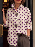 Women's Polka Dot Print Cotton Shirt — Lapel Collar Long Sleeve Casual Loose Fit