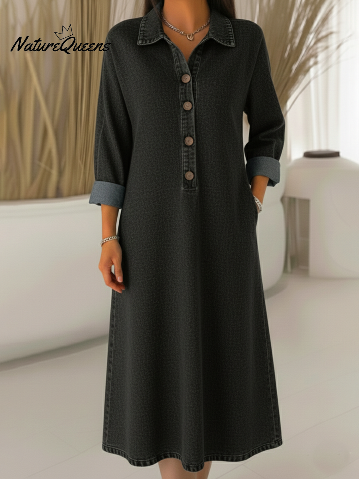 Classic Polo Collar Button-up Denim Dress