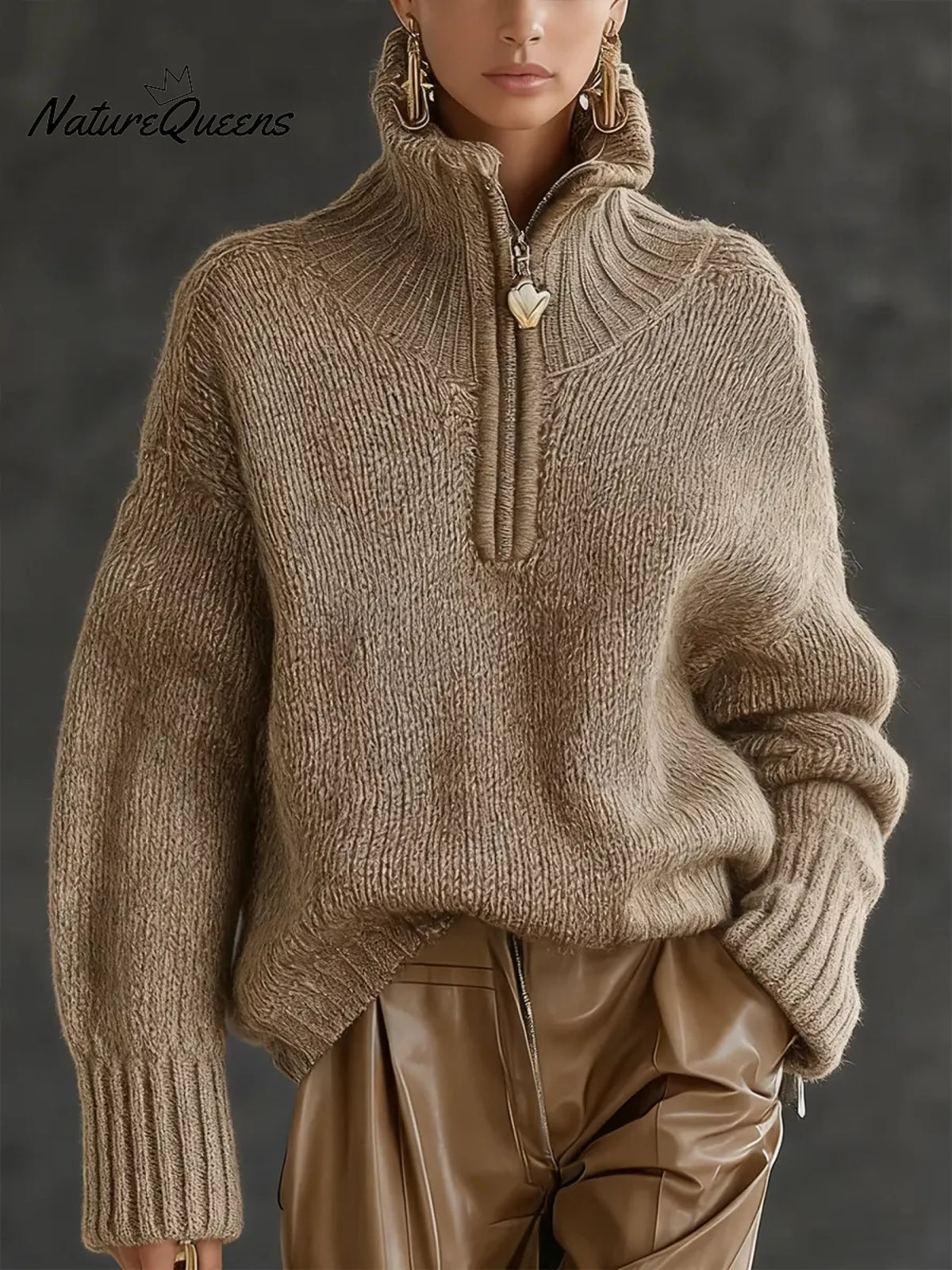 Women's Solid Color High-neck Long-sleeve Casual Loose Knit Top