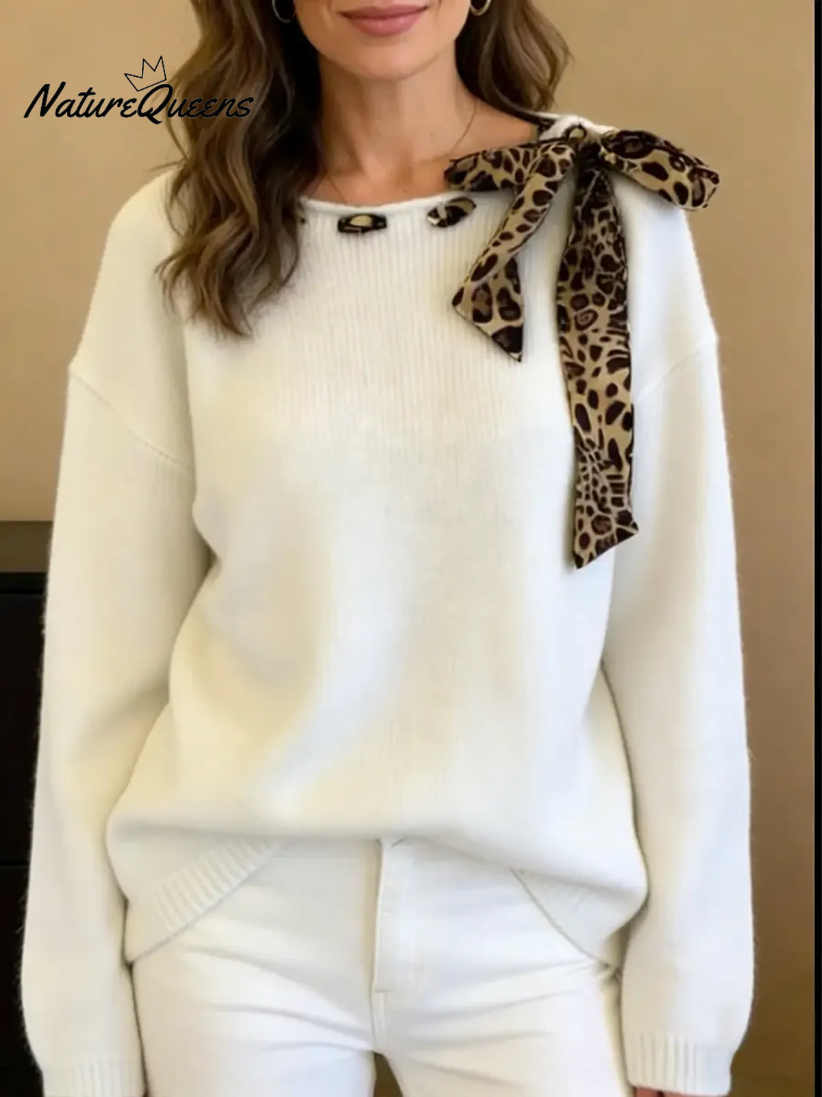 Women's Round Neck Long-sleeved Leopard Print Bow Tie Casual Loose Knit Pullover