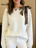 Women's Round Neck Long-sleeved Leopard Print Bow Tie Casual Loose Knit Pullover