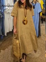 Women's Solid Color Round Neck Short-sleeved Casual Loose Ruffled Linen Dress
