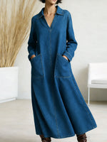 Women's New Spring Collection V-neck Long-sleeved Casual Loose Denim Dress With Pockets.