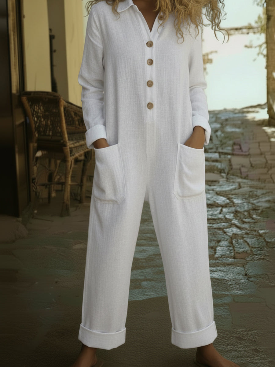 Casual Polo Collar Button-up Linen Jumpsuit
