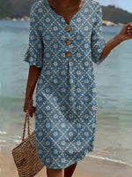 Women's Vintage Flower Pattern Print Casual Button-down Cotton Dress
