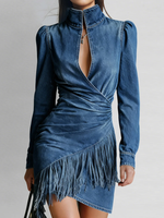 Retro Sexy Stand-collar Denim Mini Dress With Fringe Hem