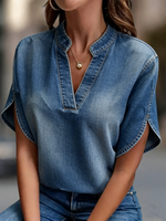 Casual V-neck Petal Sleeves Denim Blouse