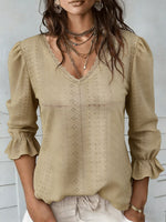 Women's V-neck Openwork Casual Mid-sleeve Shirt