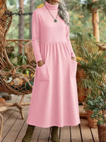 Women's Solid Color High-neck Long-sleeved Casual Loose-fit Velvet Dress