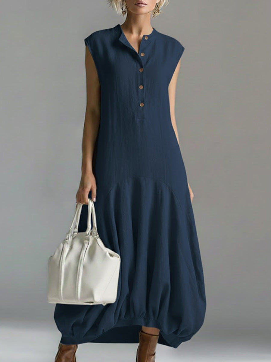 Women's Solid Color Round Neck Sleeveless Casual Loose Cotton And Linen Dress
