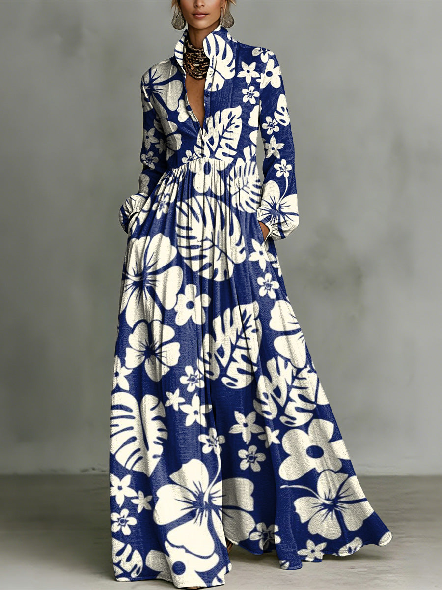 Vacation-style Large Floral Decorative Pattern Women's Long Sleeve Shirt Collar Dress
