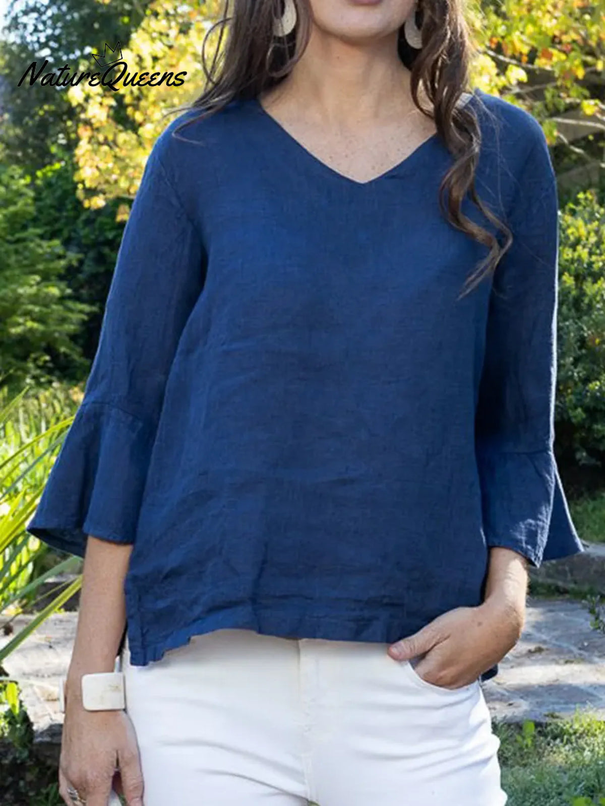 Women's Solid Color V-neck Three-quarter Length Ruffled Sleeve Casual Loose Cotton And Linen Top