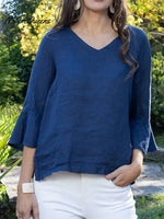 Women's Solid Color V-neck Three-quarter Length Ruffled Sleeve Casual Loose Cotton And Linen Top