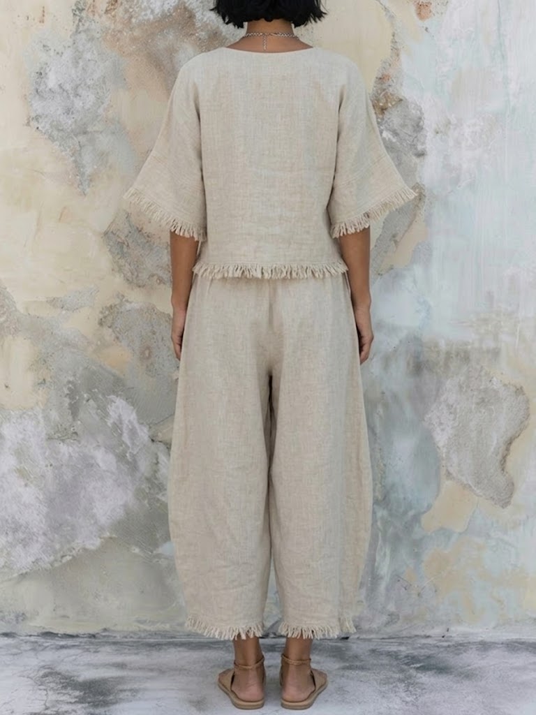 Women's Casual Cotton And Linen Tassel Set