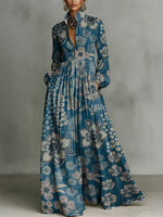 Retro Floral Decorative Pattern Women's Long Sleeve Shirt Collar Dress