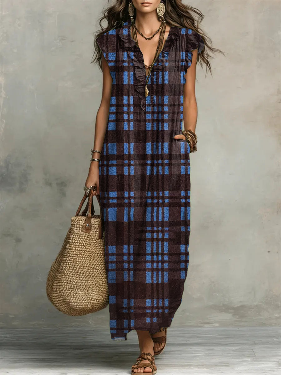Women's Plaid Print Ruffled Sleeveless Dress